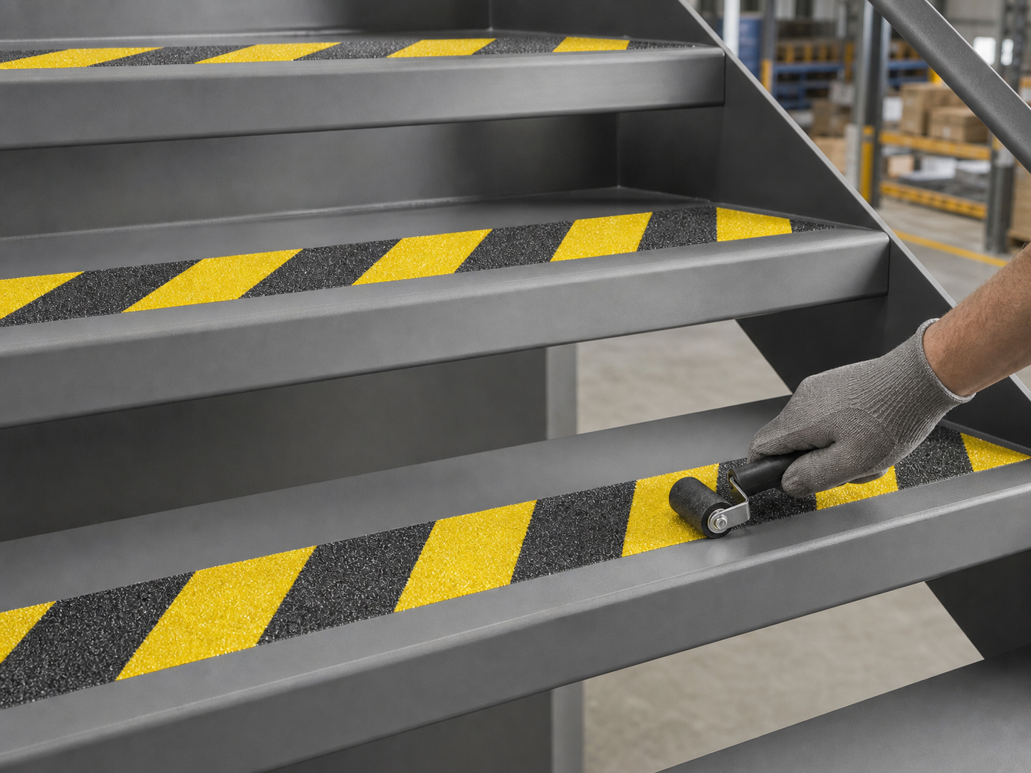 Mineral-grit black and yellow anti-slip tape being rolled onto smooth industrial stair treads